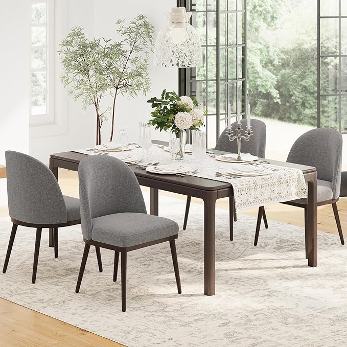 Upholstered Dining Chairs Set of 4, Large Dining Room Kitchen Chairs with High Back and Deep Seat, Modern Fabric Dinner Chairs with Wood Legs, Dark Grey
