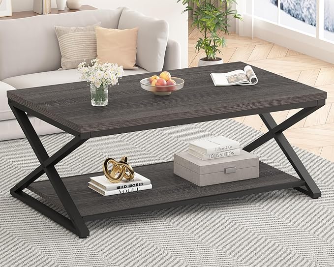 HSH Gray Coffee Table for Living Room, Minimalist Rectangle Center Table with Storage Shelf，Industrial Dark Wood and Metal Cocktail Tea Table, Office Simple 2 Tier Display Coffee Table, 47 Inch