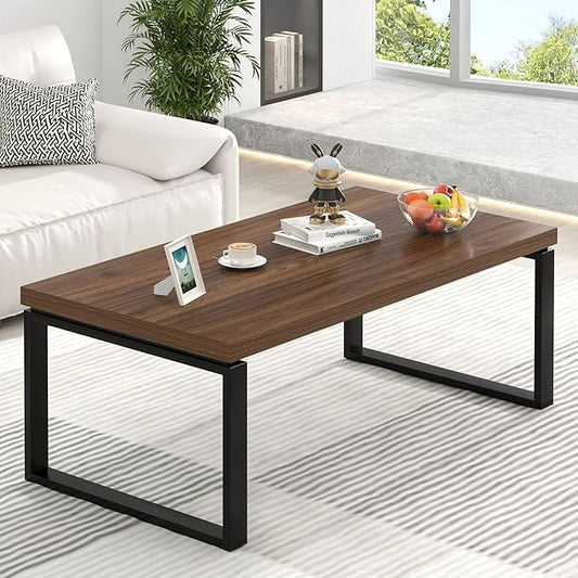 EXCEFUR Modern Coffee Table, Industrial Center Table for Living Room, Wood and Metal Rectangle Cocktail Tea Table for Home Office, Easy Assembly, Walnut, 47 Inch