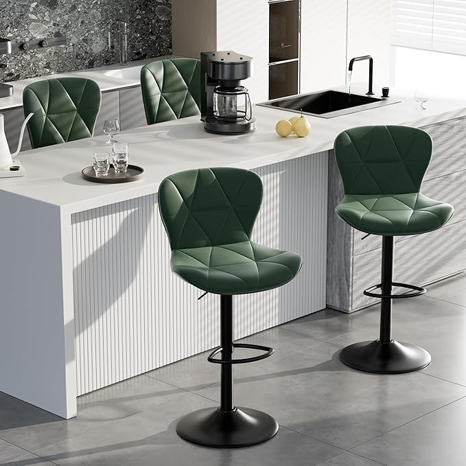 Bar Stools Set of 4,Adjustable Swivel Barstools, Faux Leather Bar Chairs,Upholstered Counter Height with High Backrest for Kitchen Island, Green