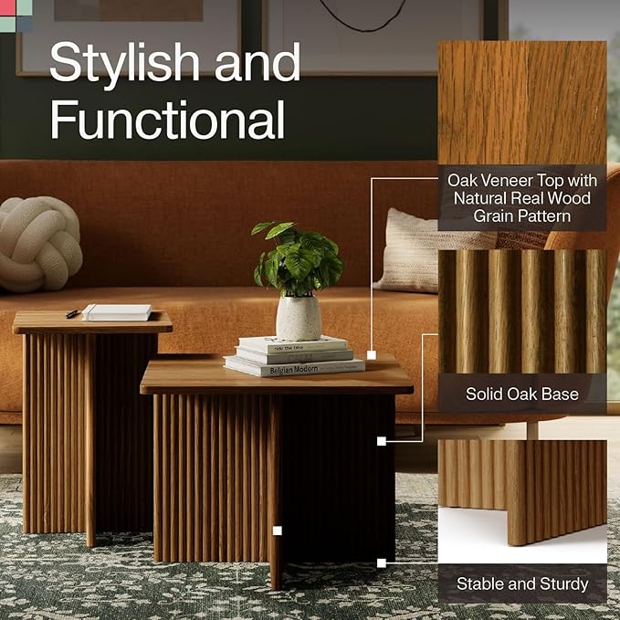 Living Room Table Set - Square Fluted, Natural Oak, 2-Piece - Nesting & Coffee Tables for Living Room