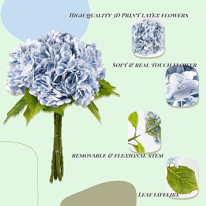 Yatim 21In Blue Artificial Hydrangea Flowers 5 Pcs Real Touch 3D Print Latex Flowers for Wedding Centerpieces Bouquets DIY Floral Decor Home Decoration with Stems
