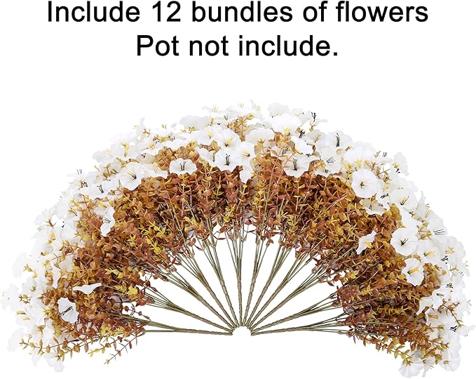Fake Mums Fall Artificial Flowers Plants for Outdoors Autumn Decoration, 12 Bundles White Silk Morning Glory with Eucalyptus Realistic UV Resistant Faux Flowers for Outside Planter Yard Garden Porch