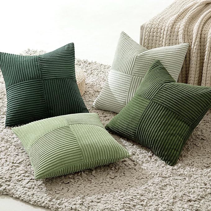 MIULEE Christmas Green Decorative Throw Pillow Covers 18x18 Inch Set of 4 Boho Farmhouse Cushion Covers Mordern Nordic Pillow Cases Soft Corduroy Gradient Home Decor for Couch Sofa Living Room Bed