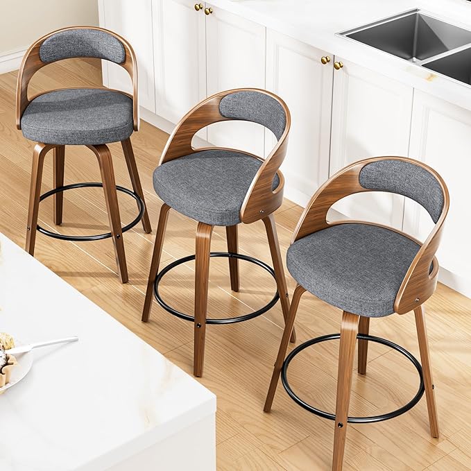 Swivel Bar Stools Set of 6, 26" Upholstered Linen Fabric Barstools with Bentwood Legs, Mid Century Modern Counter Height Bar Stools with Back for Kitchen Island, Dining Room, Grey