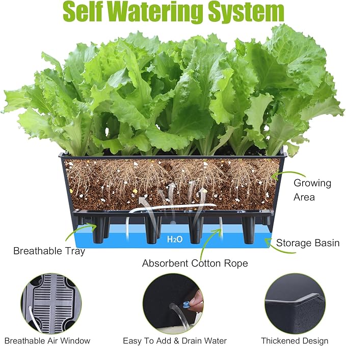 Window Box Planter 6 Pcs, 16.5 Inches Self Watering Rectangle Flower Plant Pots with Drainage Holes Trays, Vegetable Planters for Windowsill Patio Garden Balcony Porch Yard (Black)