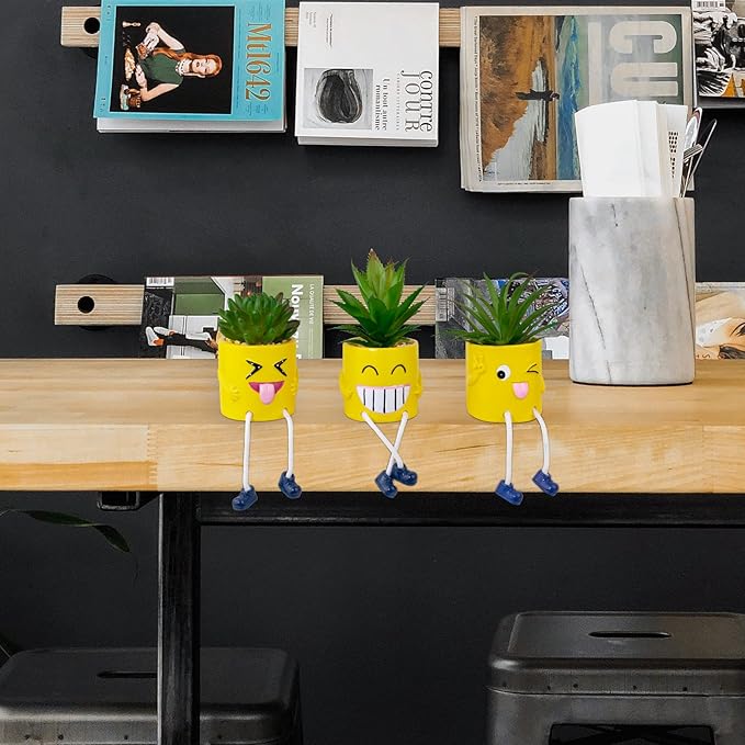 3Pcs Cute Fake Plants Small Potted Succulents with Yellow Pot, Creative Artificial Succulent Plants in Hanging Leg Fun Pot, Mini Vibrant Faux Plant for Home Office Desk Decor and Gift Choice