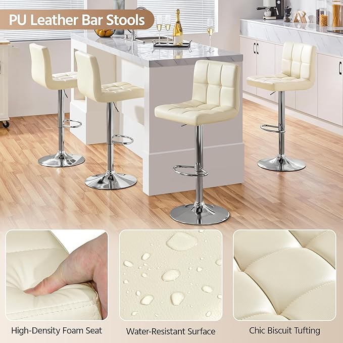Yaheetech Bar Stools Set of 2, Adjustable PU Leather Swivel Barstools, Modern Counter Height Stools with Back and Footrest for Bar, Kitchen, Dining Room, Beige