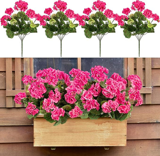 4PCS Home Decor Fake Plants Artificial Flowers Artificial Geraniums Outdoor Fake Flowers Artificial Flowers Fake Silk Bouquet, Fall Decor for Interior Porch Garden Decoration 14.4"(Rose Red)