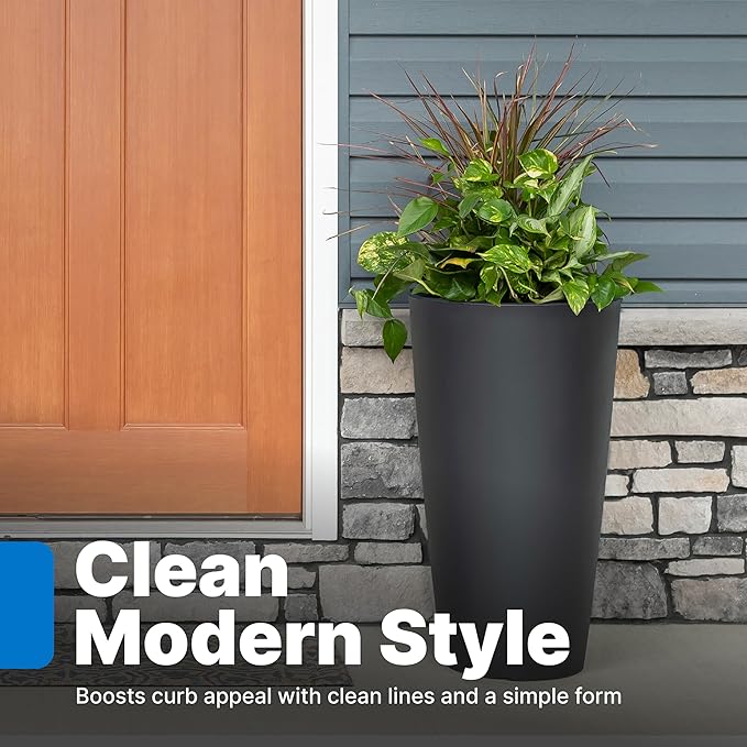 Step2 Tremont Tall Round Tapered Planter, Large Planters for Outdoor Plants, Gardening and Flower Pot for Patio or Porch, Efficient Drainage, Durable Plastic, Onyx Black, 1-Pack