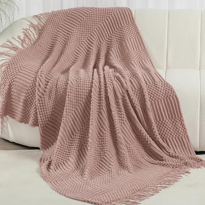Blagic Knitted Throw Blanket for Couch, Bed and Sofa. Super Soft Blanket with Tassels, Light Pink Warm Throw Blanket, 50 x 60 Inches Lightweight & Cosy Home Decor