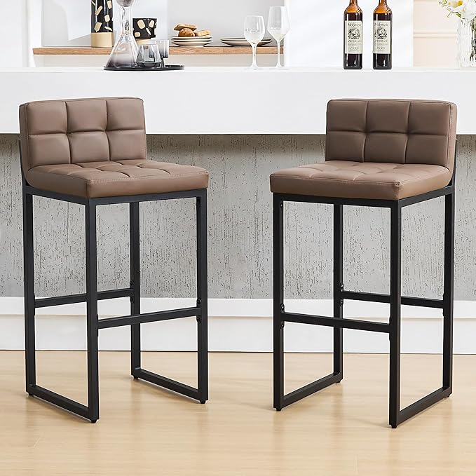 Set of 2 Barstools, Counter Height Bar Stools with Back, Faux Leather, Thickened Metal Legs, 30-inch Island Chairs for Kitchen Island, Bar, Counter (Coffee Brown, 2Pcs 30" Bar Stools)