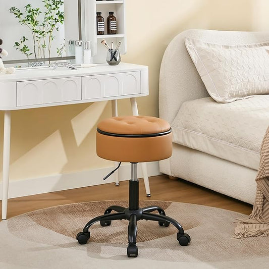 Vanity Stool with Wheels (Chair & Small Table in One) (Adjustable Height Stool 20.67"-24.61"), Caramel Brown Rolling Chair with Storage