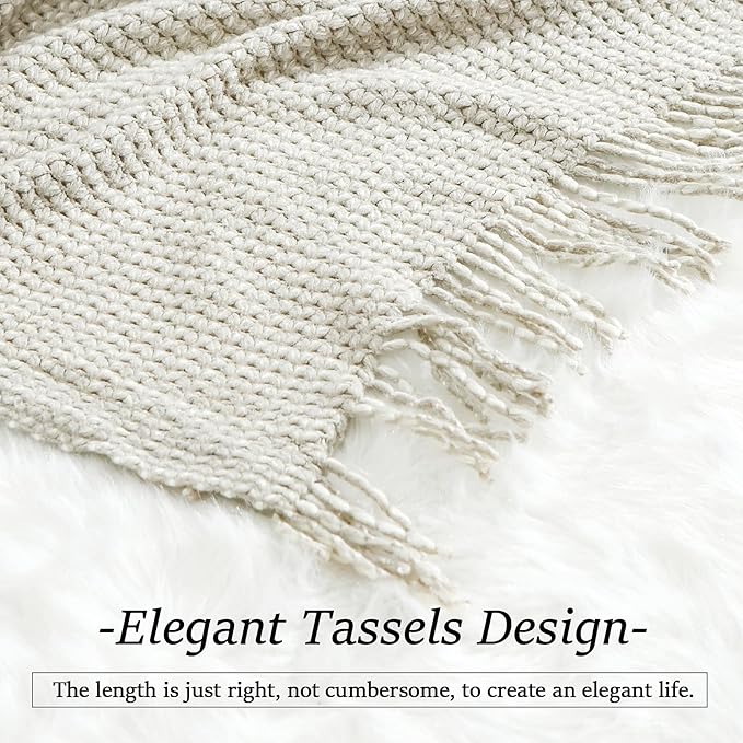 Blagic Grey and White Knit Throw Blanket with Tassel| Home Decor Blanket| Holiday Throw| Wrap Shawl Scarf, Lightweight Soft Cozy Warm Fluffy, Wheat Textured, 50" W x 60" L