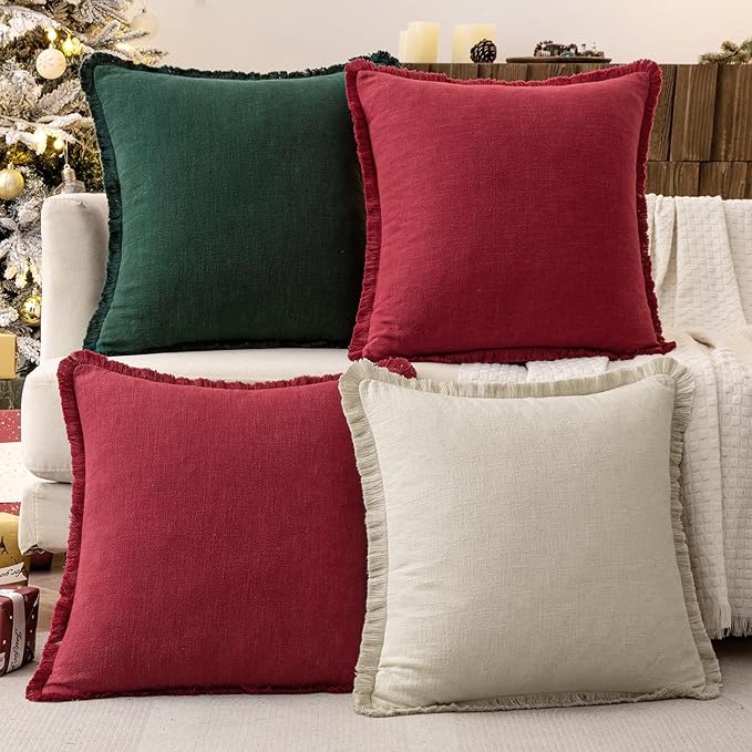 MIULEE Linen Pillow Covers 18x18 Inch Decorative Throw Pillows with Fringe Pack of 4 Soft Farmhouse Boho Couch Pillows Home Decors for Sofa Cushion Living Room Bed Dark Green and Burgundy