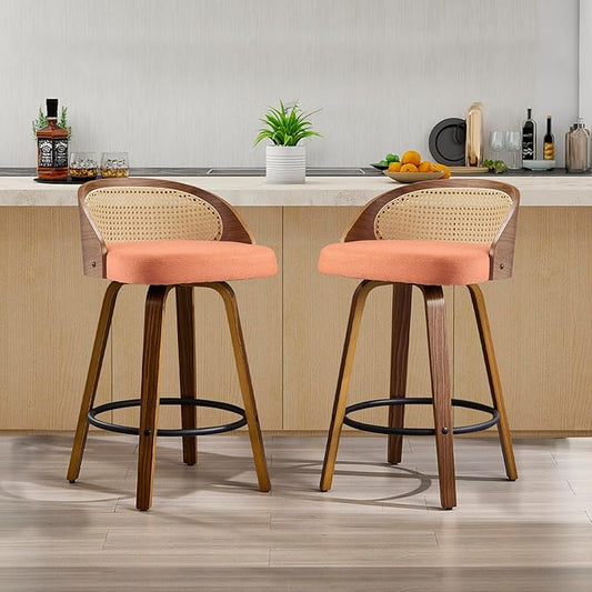 26 inch Swivel Bar Stools with Back, Set of 2 Mid-Century Modern Walnut Bar Chairs, Orange Textured Fabric Upholstered Counter Stools with Footrest for Kitchen Island & Dining Room