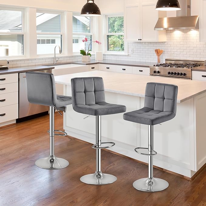 Yaheetech Bar Stools Set of 2, Adjustable Velvet Fabric Swivel Barstools, Modern Counter Stools with Back and Footrest, Counter Height Barstools for Bar, Kitchen, Dining Room, Dark Gray