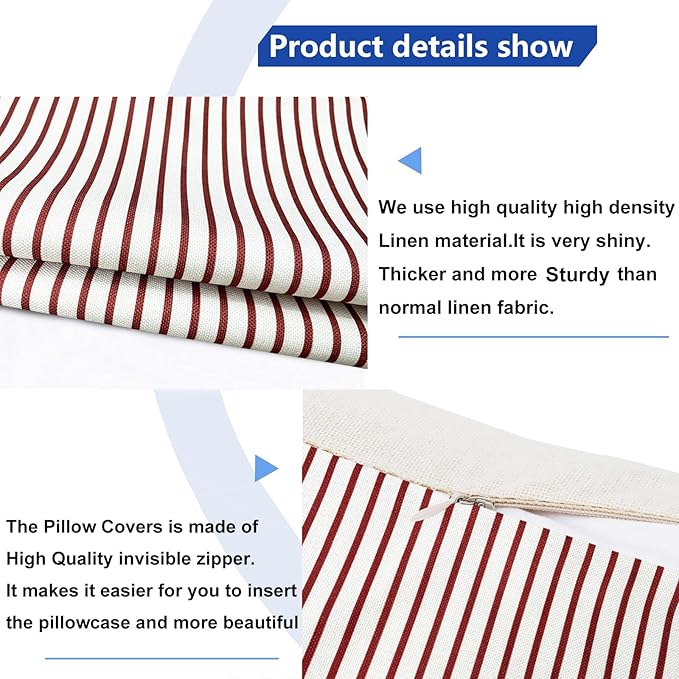 Decorative Throw Pillow Covers Set of 2 Wine Red Striped Pillow Covers 18x18 Inch Throw Pillow Cover Linen Pillowcase Modern Farmhouse Outdoor Pillow Covers for Couch Sofa Living Room