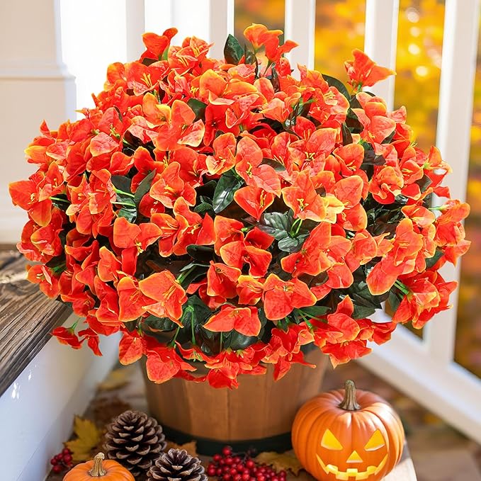 Ivydale Artificial Fall Flowers for Outdoors, 4 Bundles Fake Bougainvillea Flower Realistic Silk Flowers for Outside, Faux Fall Flowers for Outdoor Planters Patio Porch Home Decorations, Orange
