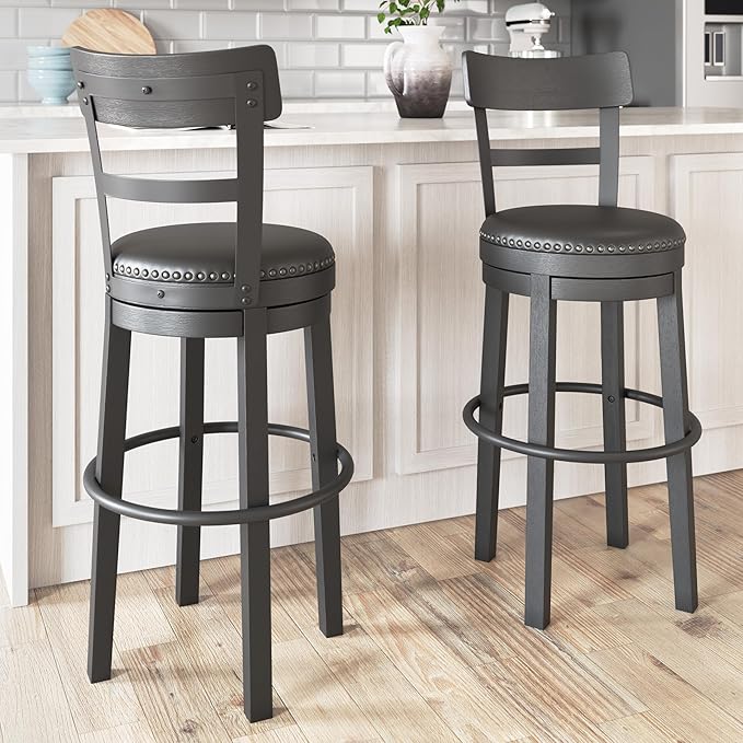 Signature Design by Ashley Valebeck 30.38" Casual Pub Height Upholstered Swivel Barstool, Black
