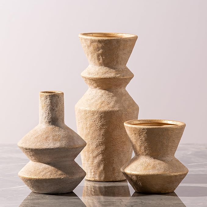 Ceramic Vase Home Table Decor - Gold Flower Vase Set of 3 Living Room Kitchen Decorations Farmhouse Modern Rustic Vases Decorative Centerpiece for Shelf Bedroom Office Bathroom Dining Coffee Desk