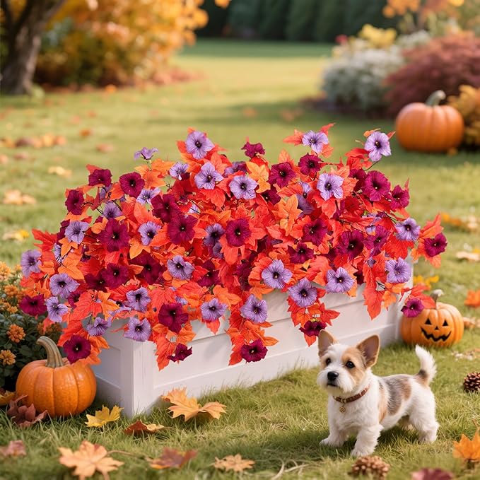 Fake Fall Flowers for Outdoors Decor 2PCS Artificial Flowers Fake Faux Silk Petunias Fall Fake Plants, UV Resistant Flower for Garden Porch Patio Balcony Realistic Autumn Decoration(Burgundy Purple)