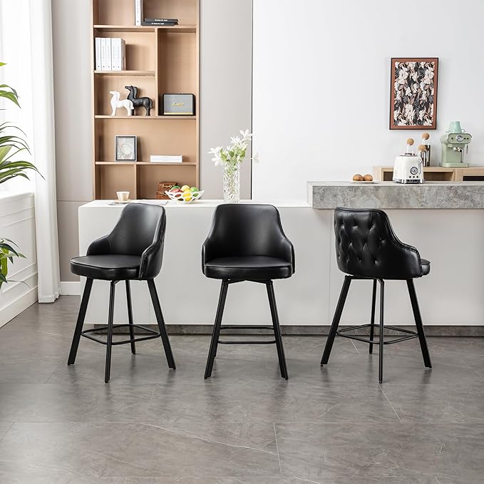 Bar Stools Set of 3, 26" Swivel Counter Height Bar Stools with High Back, Faux Leather Kitchen Barstools Counter Height for Kitchen Island (Black, 3PCS 26" Counter Stools)