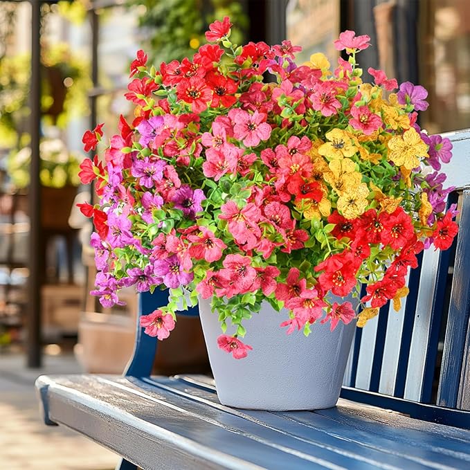 12 Bundles Artificial Flowers Faux Plants Flowers for Outdoor Spring Summer Decoration UV Resistant Artificial Plastic Plants Silk Flowers for Home Planter Porch Window Box Yard