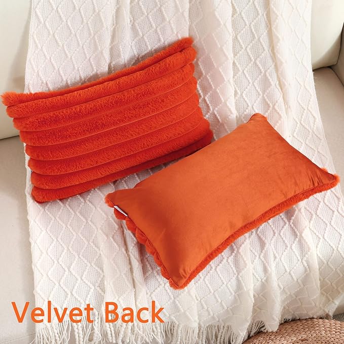 FUTEI Burnt Orange Striped Decorative Throw Pillow Covers 12x20 Inch Set of 2,Rectangle Fall Decorations Couch Lumbar Pillowcase,Soft Cozy Faux Rabbit Fur & Velvet Back,Modern Home Decor for Bed