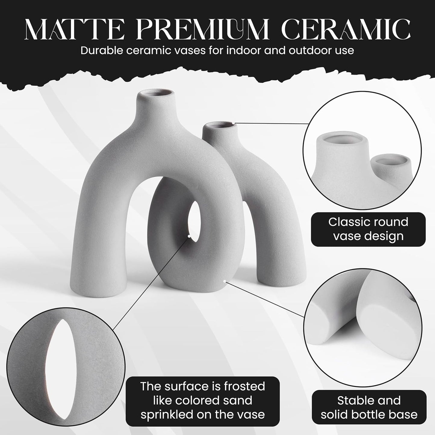 Ceramic Hug Vase (Soft Gray) Modern Donut Style Hugging Vases for Flowers Minimalist Decor – Hollow Ceramic Waterproof Home Decor Vases for Living Room, Bed Room, Book Shelf, Entryway Table.