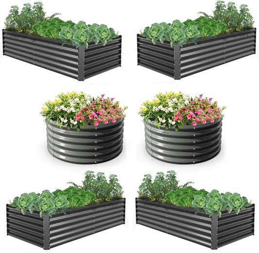 A ANLEOLIFE 6-Pack 4X4X1.5ft & 6X3X1.5ft Deep Root Galvanized Raised Garden Beds Outdoor for Planting Vegetables Flowers Herb, Quartz Grey