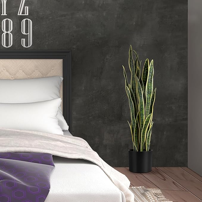 KOL 3ft 2PCS Artificial Snake Plant, 32 PVC Lifelike Leaves, 35in Faux Sansevieria for Indoor Home & Garden Decor, Potted Mother-in-Law's Tongue Plants, Yellow