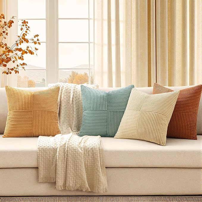 MIULEE Boho Farmhouse Fall Decorative Throw Pillow Covers 18x18 Inch 4 Packs Soft Vintage Pillow Cases Modern Corduroy Patchwork Cushion Covers for Couch Sofa Bed Home Decor, Teal-Rust
