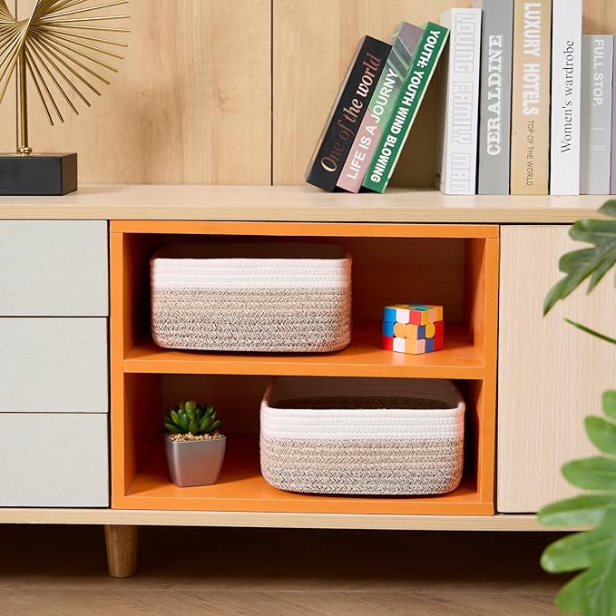 Small Square Shallow Baskets for Organizing, 9.7x9.7x4.3 Inch Rope Woven Storage Bins for Cubes Closet, Shelves Storage, Boho Decorative Basket, 2 Packs Gradient Brown