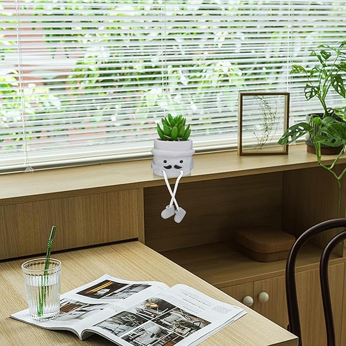 Cute Artificial Succulent Plant in Cement Pot with Hanging Legs, Mini Faux Succulent Decor for Kitchen Shelves, Bathroom Wall Shelf - Fake Small Plant for Home & Office Desktop, Shelf Accents