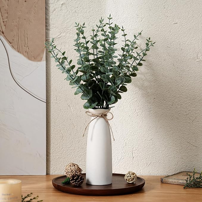 Vase with Greenery, 20pcs Artificial EucalyptusStems in White Vase, Boho Home Decor Plant, 19" Decorative Fake Plants for Home Farmhouse Mantle Centerpiece Decor