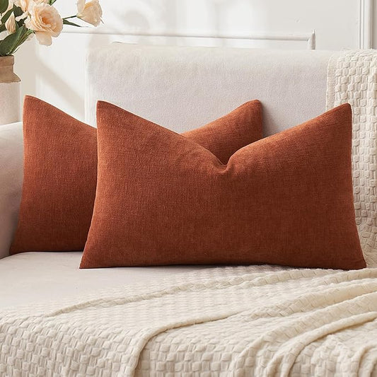 MIULEE Rust Couch Pillow Covers 12x20 Inch, Set of 2 Soft Chenille Fall Decorative Square Throw Pillow Covers Farmhouse for Sofa Living Room Bed