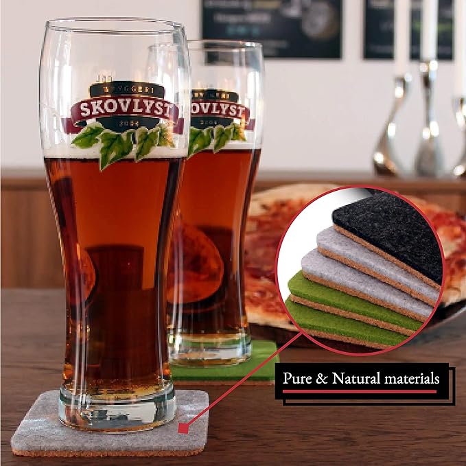 Barvivo Classic Felt Coasters for Drinks - Set of 8 Cork Coasters with Felt Side for Indoor & Outdoor Tabletop Protection, Anti Slip, Absorbent, Suitable for Drinks & All Table Types - Classic Design