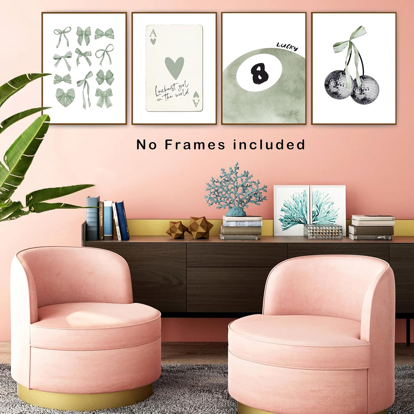 okaxscm Sage Green Coquette Trendy Preppy Wall Art Prints Set of 4, Coquette Preppy Room Decor Aesthetic, Green Bow Disco 8 Ball Cherry Wall Decor Posters for Girls Bedroom Dorm, 12x16 Unframed