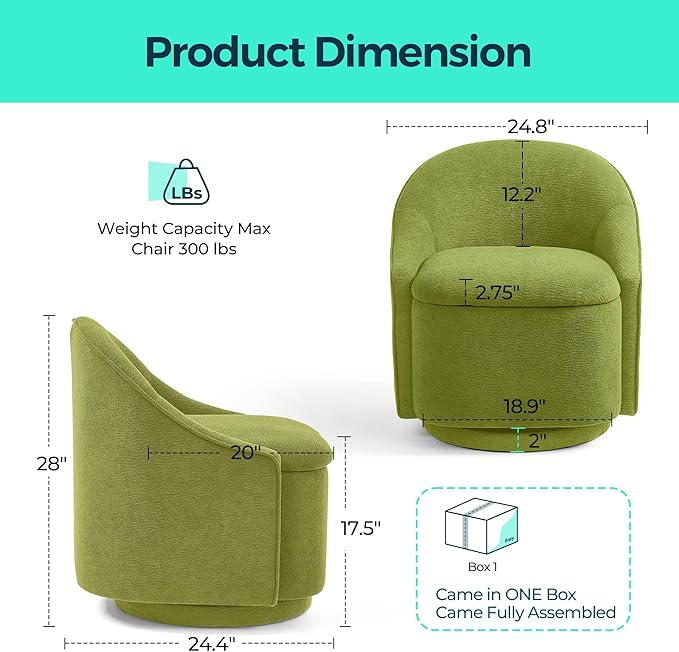 LINSY Swivel Accent Chair with Storage Comfy Chenille Barrel Chairs, Small 360 Swivel Modern Armchair for Living Room Bedroom, Boucle Reading Chair for Study Room (Green)