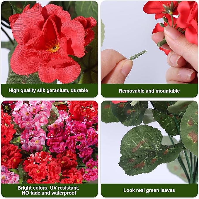Artificial Geraniums Fake Flowers for Outdoors Decoration, 6 Bundles Silk Geraniums Flower UV Resistant Look Real Faux Plants for Front Door Garden Porch Planter Patio Balcony Yard Indoor Home, Mix