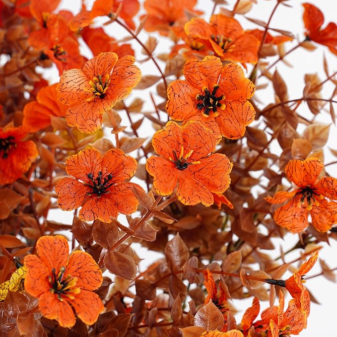 Artificial Mums Fall Fake Flowers for Outdoors, 12 Bundles Faux Mums for Outdoor Planters Autumn Decorations,UV Resistant Silk Flowers for Outside Front Porch Patio Home Decor(B-Orange Yellow Brown)