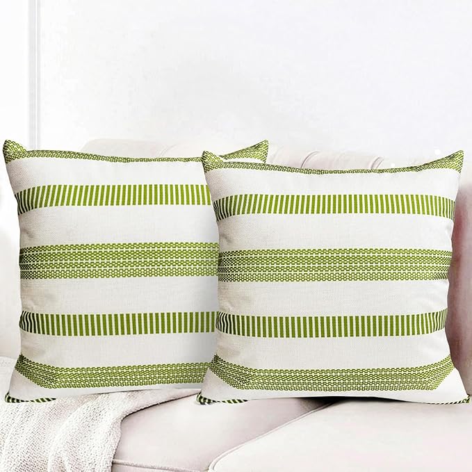 Decorative Throw Pillow Covers Set of 2 Grass Green Boho Striped Pillow Covers 18x18 Inch Throw Pillow Cover Linen Pillowcase Farmhouse Outdoor Pillow Covers for Couch Sofa Living Room