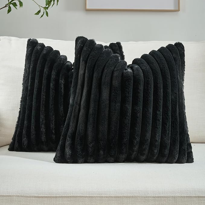 FUTEI Black Striped Decorative Throw Pillow Covers 26x26 Inch Set of 2,Square Fall Decorations Couch Euro Pillow Shams,Soft Cozy Faux Rabbit Fur & Velvet Back,Modern Home Decor for Bed
