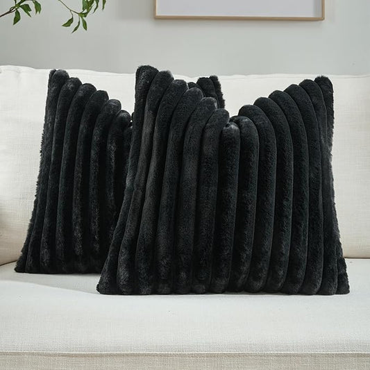 FUTEI Black Striped Decorative Throw Pillow Covers 20x20 Inch Set of 2,Square Fall Decorations Couch Pillow Case,Soft Cozy Faux Rabbit Fur & Velvet Back,Modern Home Decor for Bed