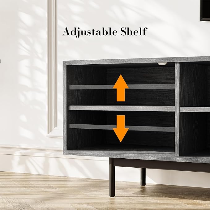 POVISON Full Assembled Mid-Century Modern TV Stand with Slatted Doors, Wood Media Console for 80 85+ Inch TV, TV Console with Tall-cast Metal Legs, Entertainment Center with Storage for Living Room