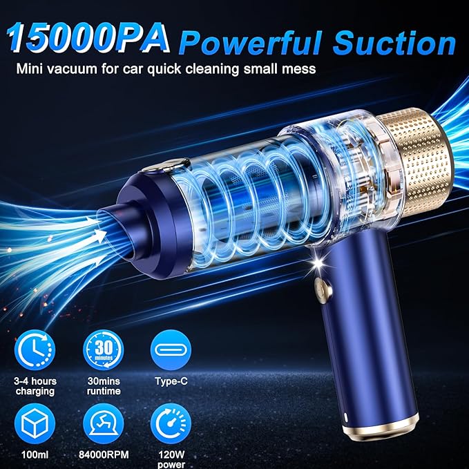 Mini Vacuum Cleaner, 15000PA Car Vacuum Cleaner Portable Cordless with LED Light, 4 in 1 Air Duster and Handheld Small Vacuum Rechargeable for Car, Home, Office, Pet（Blue）
