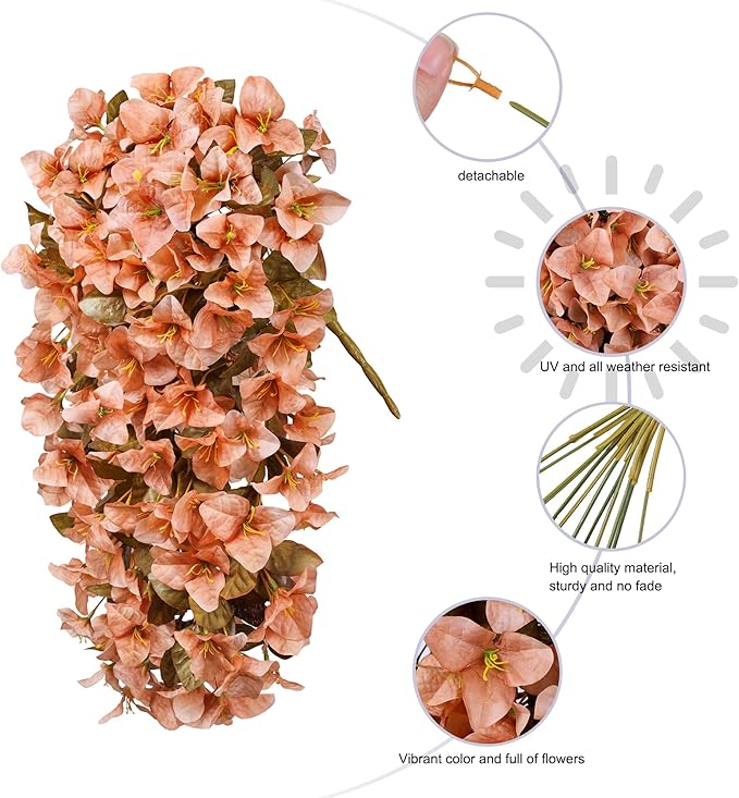 Bougainvillea Artificial Fall Hanging Flowers Plants for Outdoors Autumn Decoration, 2pcs Faux Bougainvillea Vines Brown Fake Flowers Realistic UV Resistant Silk Flowers for Outside Planter Yard Home