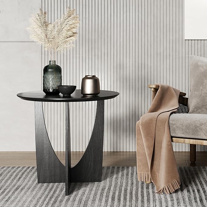 Round Side Table,Modern Aesthetic End Table with Oak Veneer,Wood Accent Table for Living Room, Bedroom (A, Black)