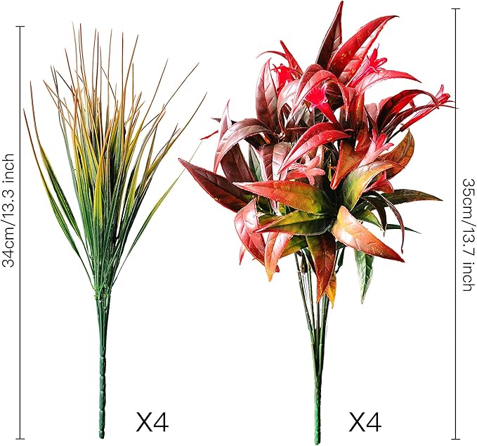 8 Bundles Artificial Plants Bushes Outdoor UV Resistant Fake Flowers Grass Bulk Faux Plastic Greenery for Fall Winter Summer Outside Window Box Planter Front Porch Yard Floral Arrangements